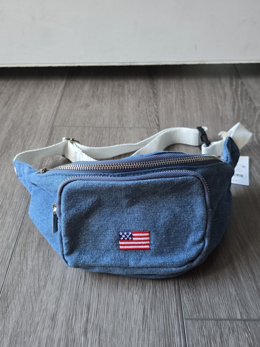 Mad Love Denim Fanny Pack Blue Belt Bag American Flag Patch NWT
